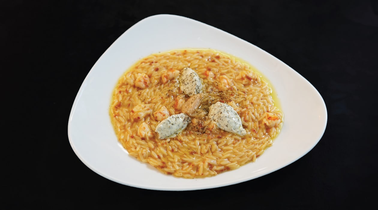 Orzo pasta cu nduja, creveti, crema de branza cu ierburi fine si pasta de creveti Primerba – - Reţetă